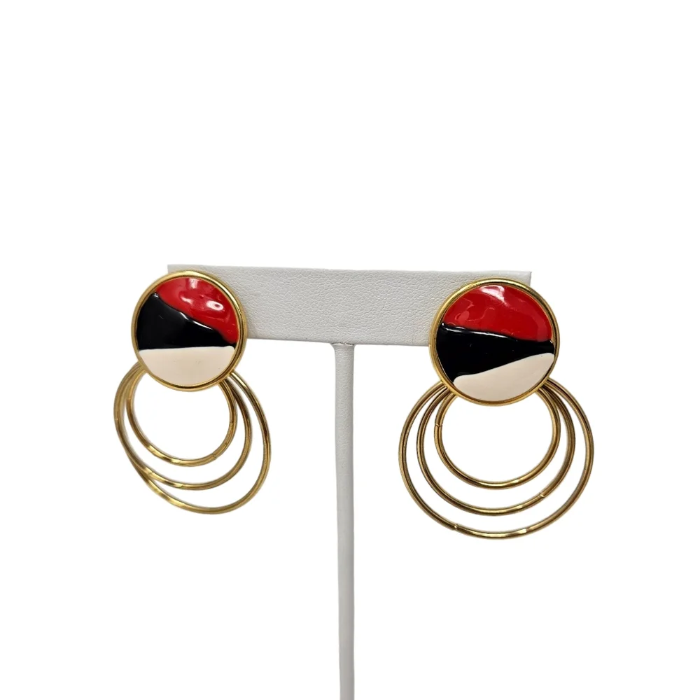 Vintage Enamel Circular Dangle Earrings Gold Tone Red Black Cream